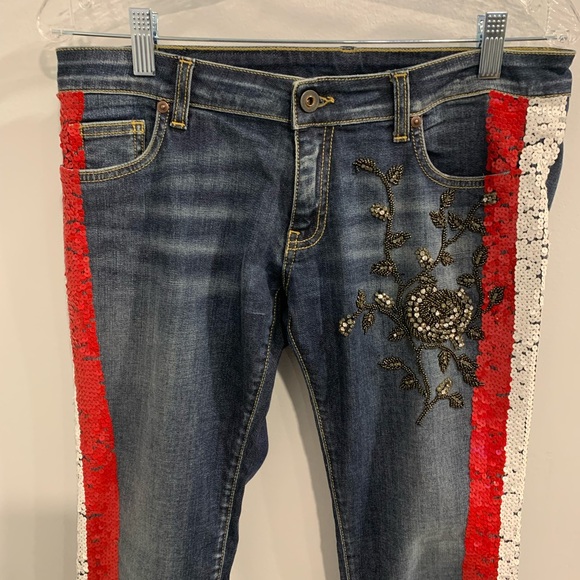 Italian Vibrant Red and White Skinny Beaded Jeans Sequence Side Accents - Picture 2 of 16